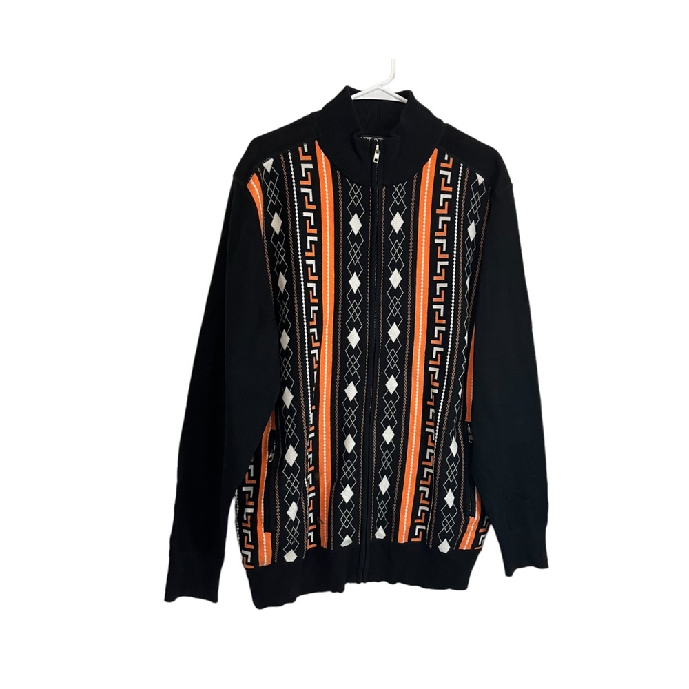 Luxton Black Orange Full Zip Argyle Long Sleeves Elbow Patch Sweater Mens Sz L